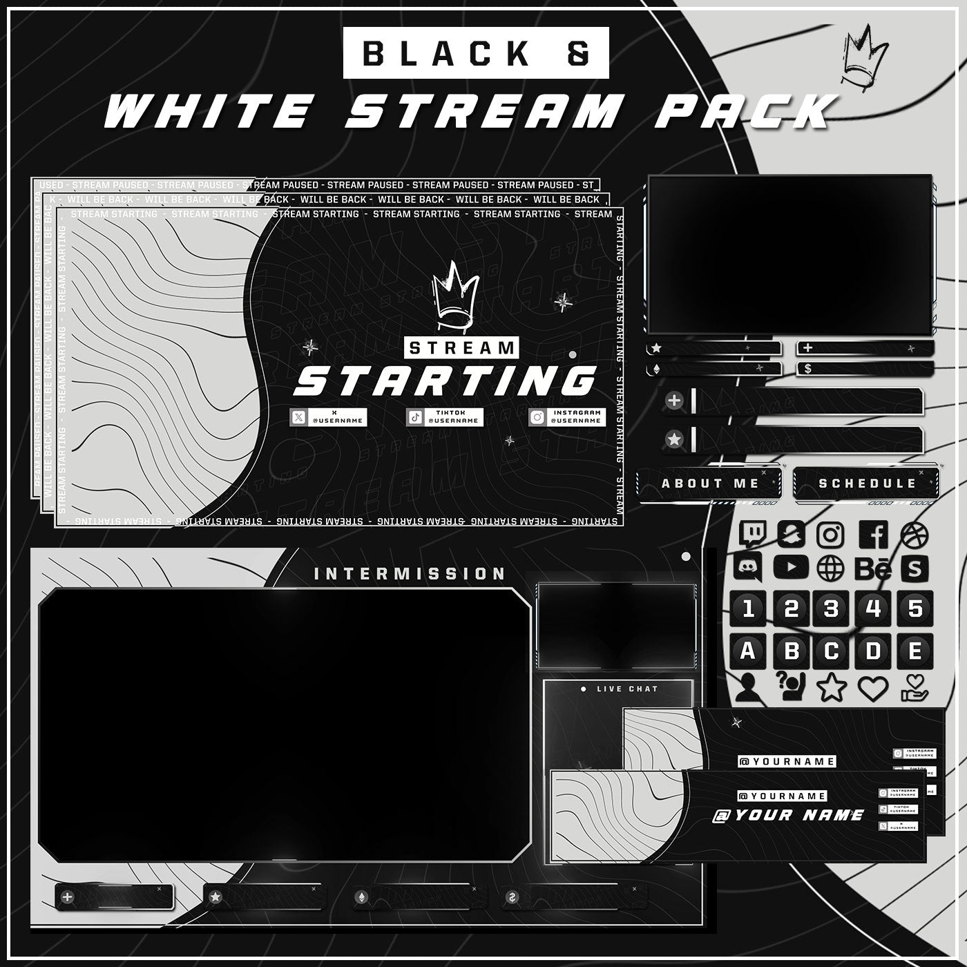 Premium Black and White Twitch overlays full stream package