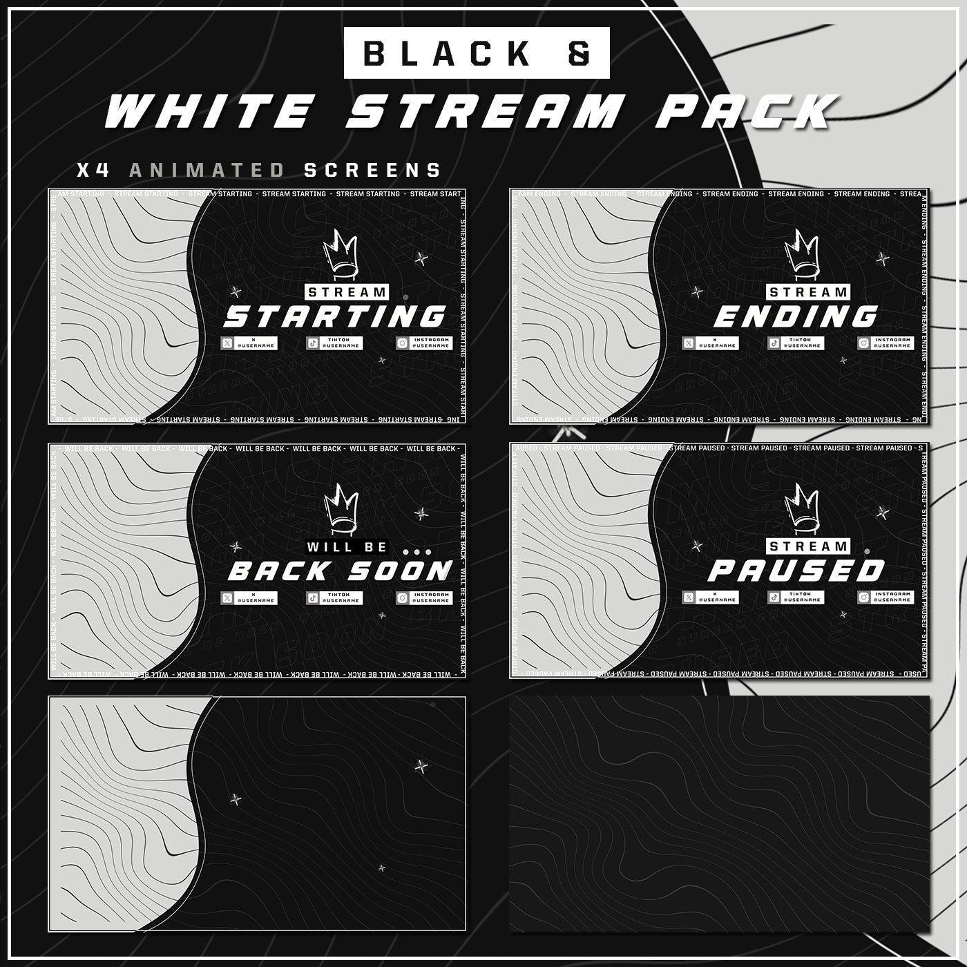Premium Black and White Twitch overlays full stream package