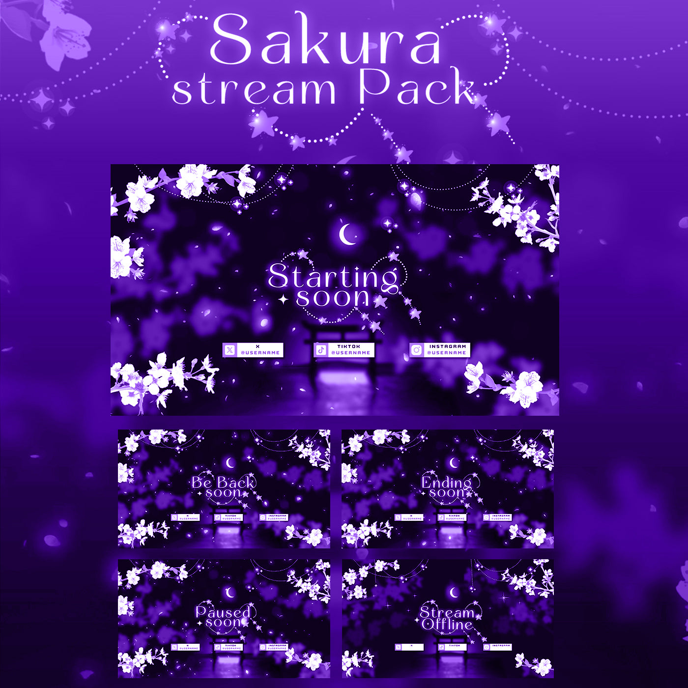 Purple Sakura Cherry Twitch overlays full stream package