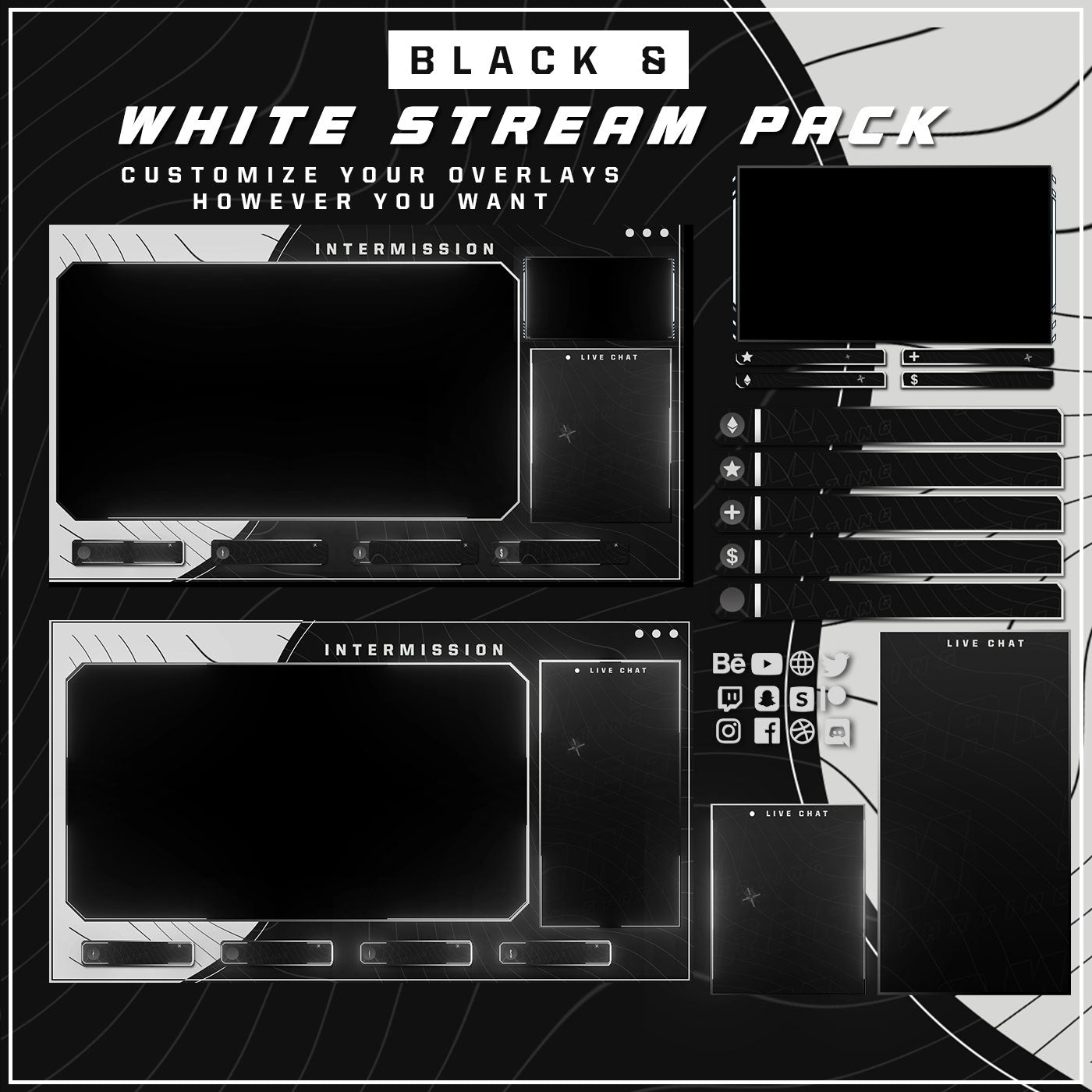 Premium Black and White Twitch overlays full stream package