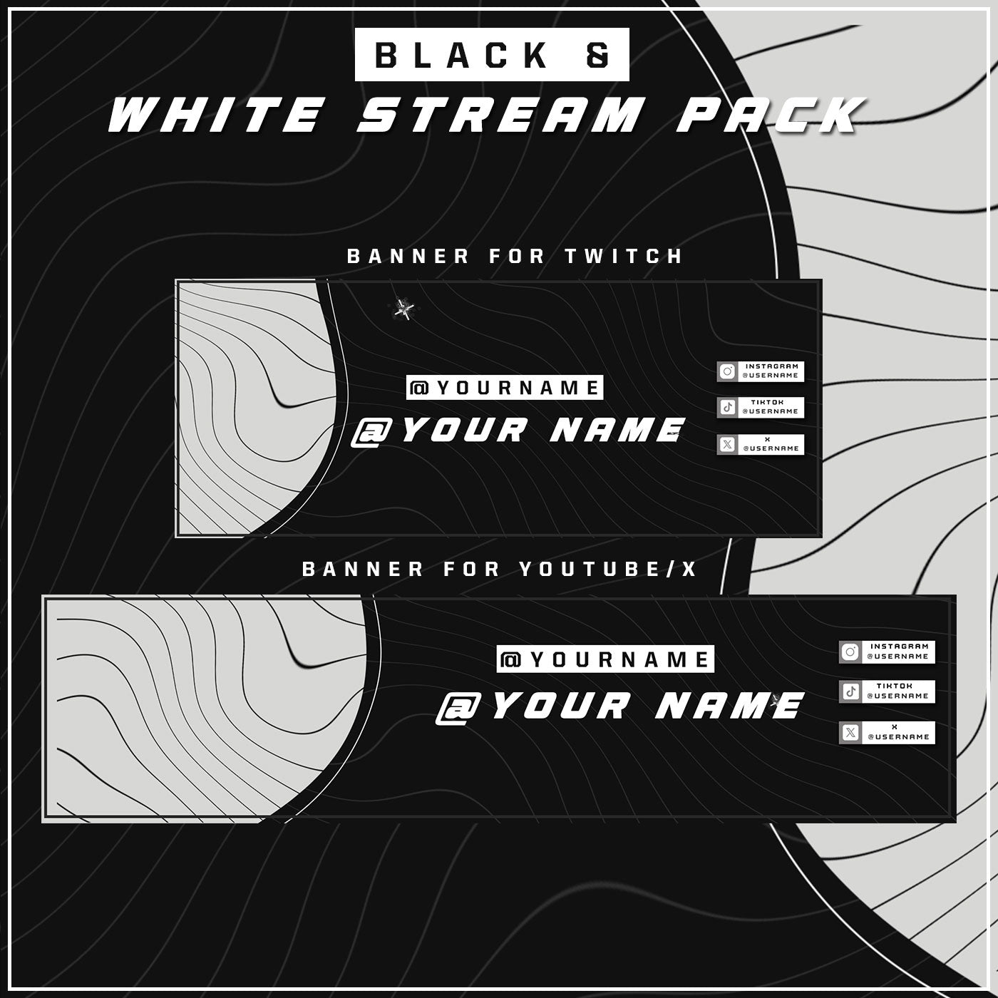Premium Black and White Twitch overlays full stream package