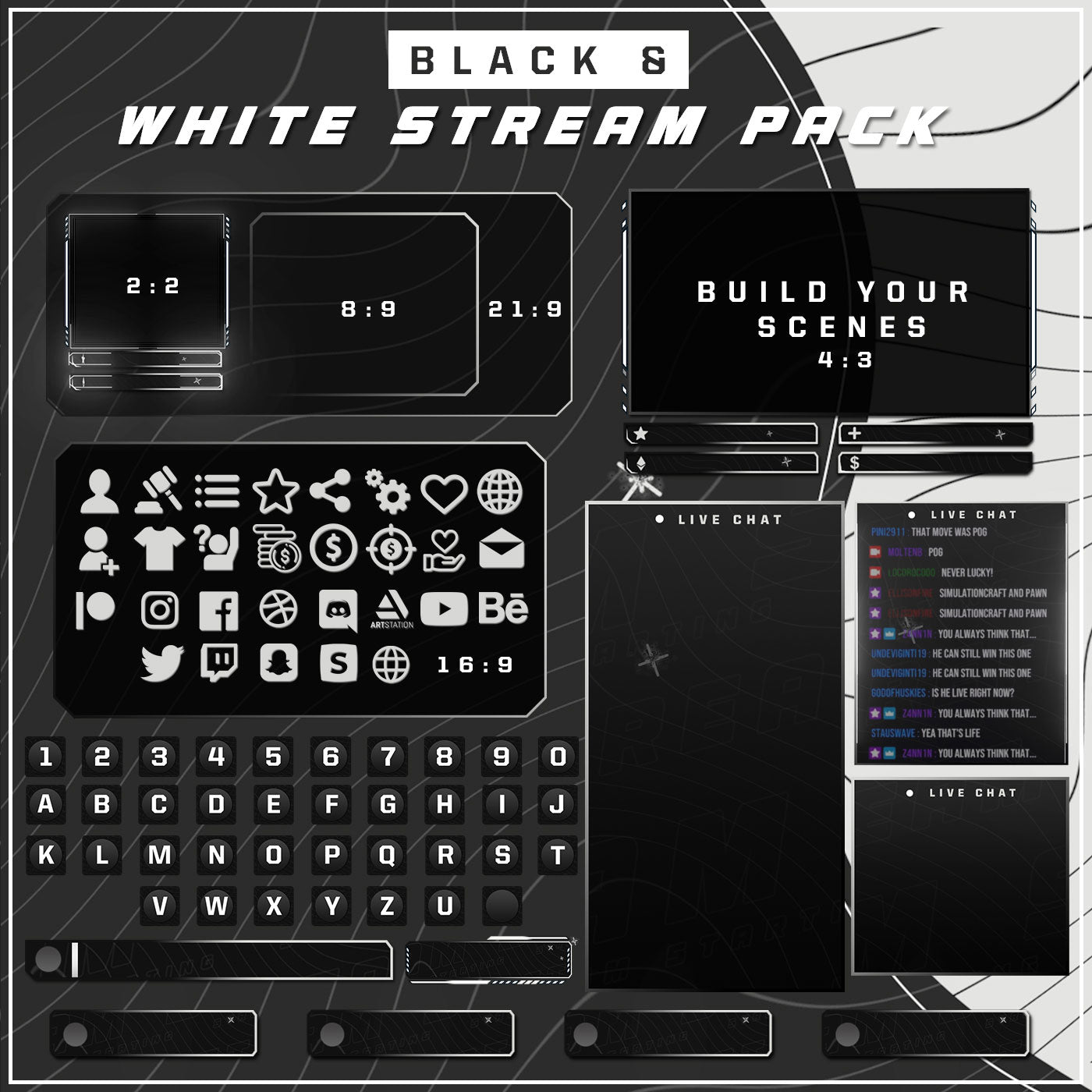 Premium Black and White Twitch overlays full stream package