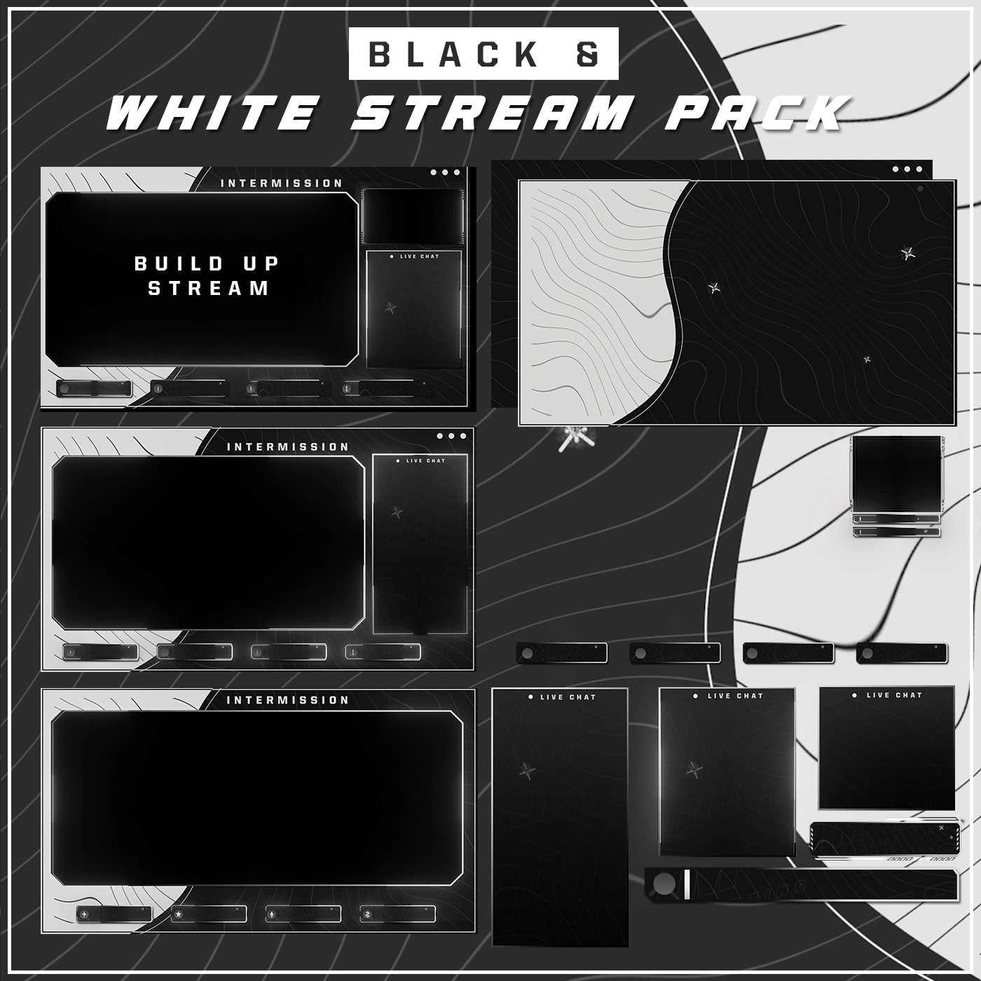 Premium Black and White Twitch overlays full stream package