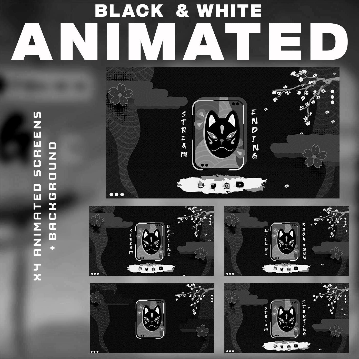Animated Black & White Kitsune Stream Package