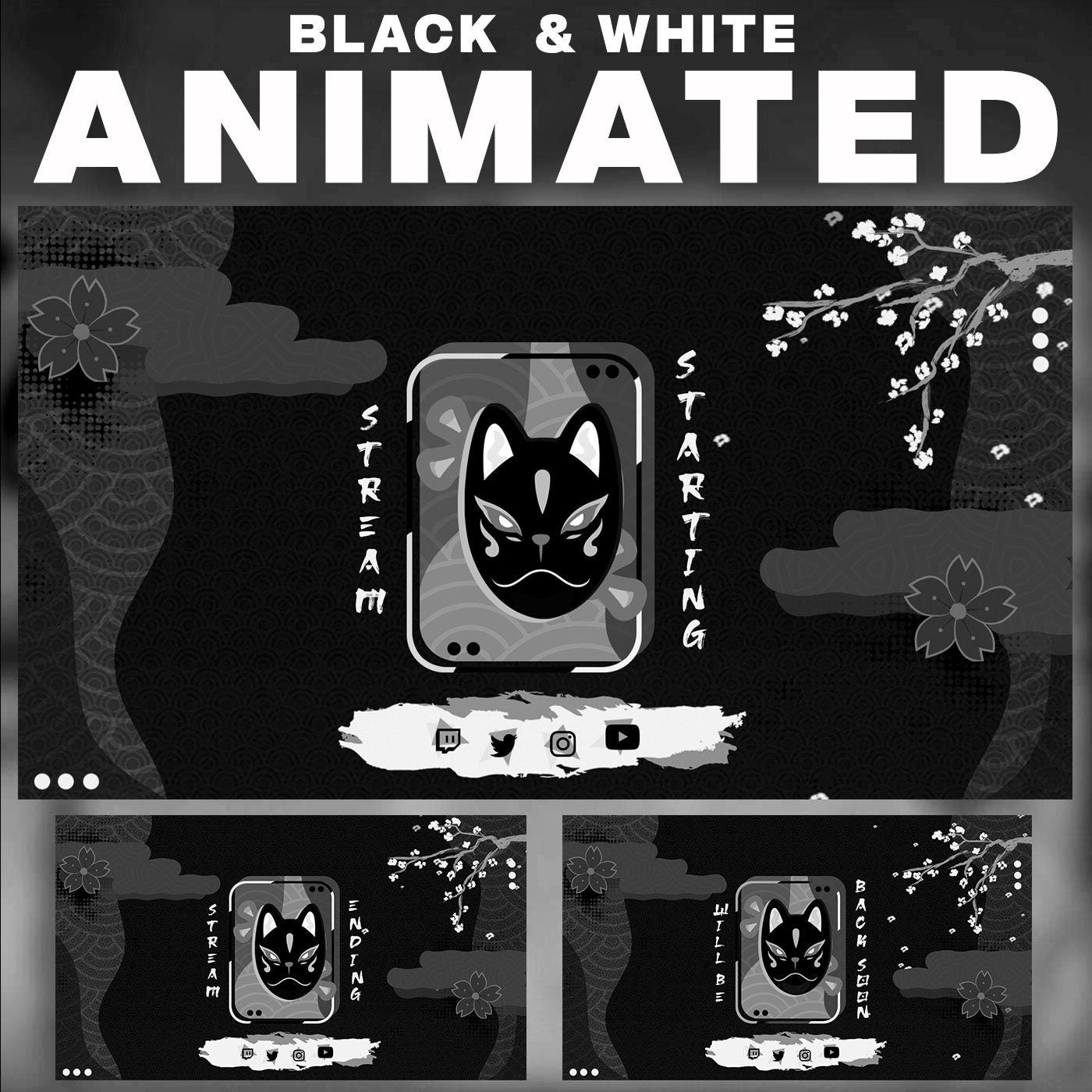 Animated Black & White Kitsune Stream Package