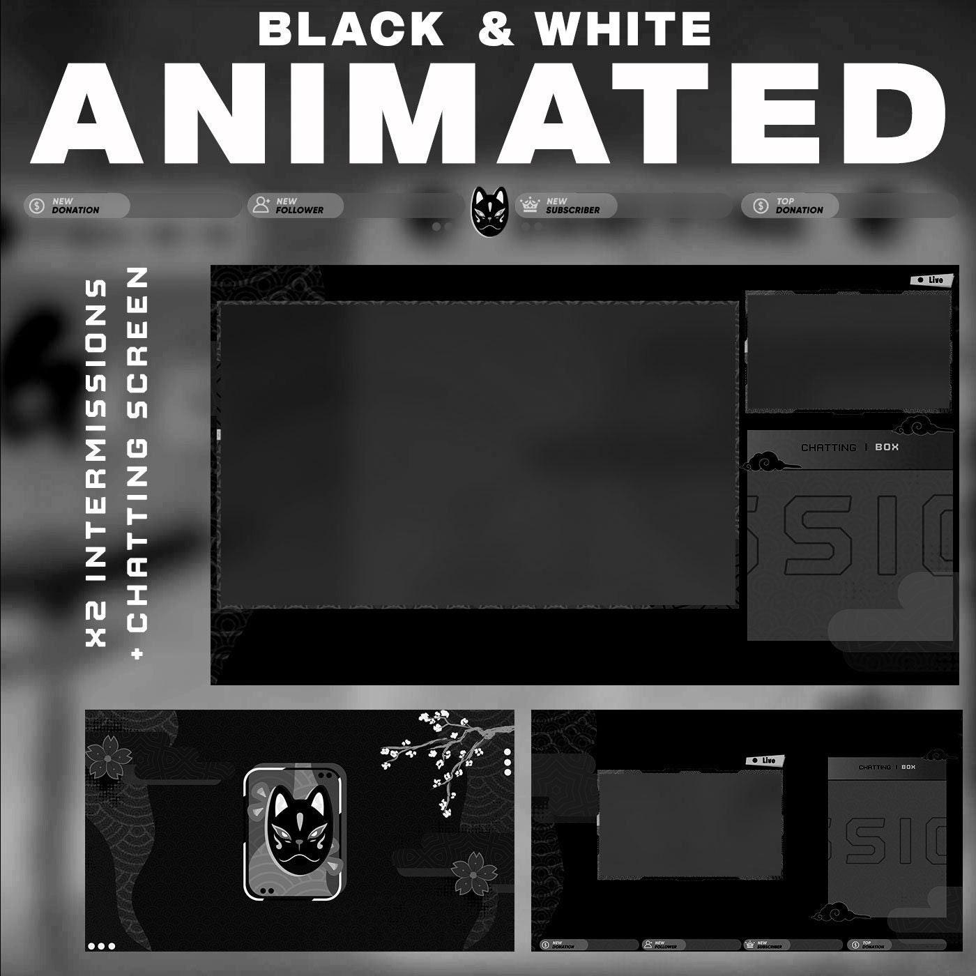 Animated Black & White Kitsune Stream Package