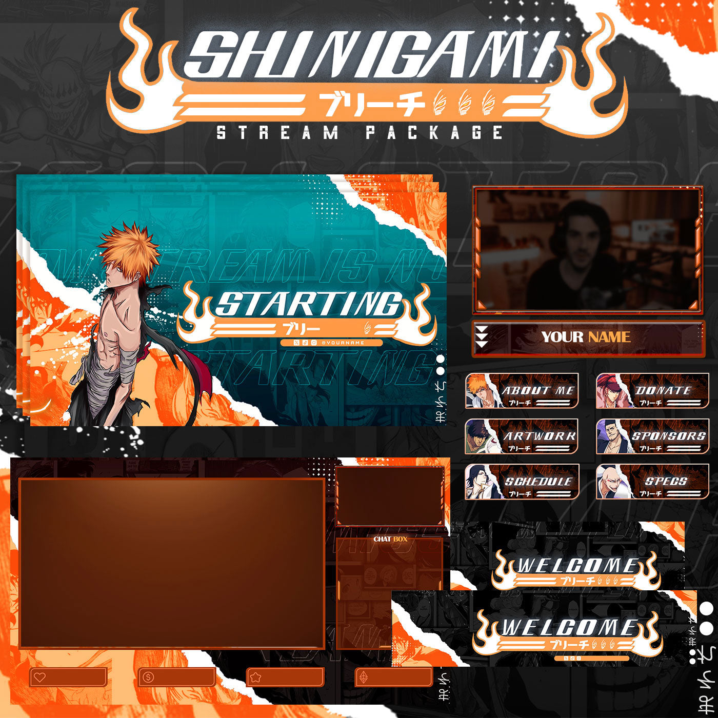 Bleach II Twitch Overlays full Stream Package Orange