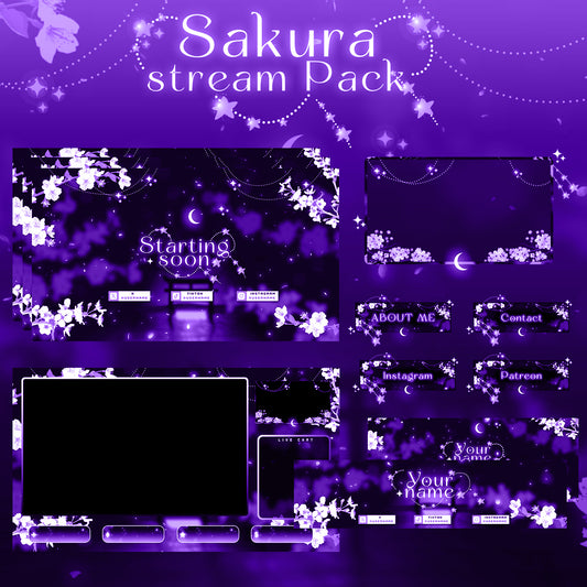 Purple Sakura Cherry Twitch overlays full stream package