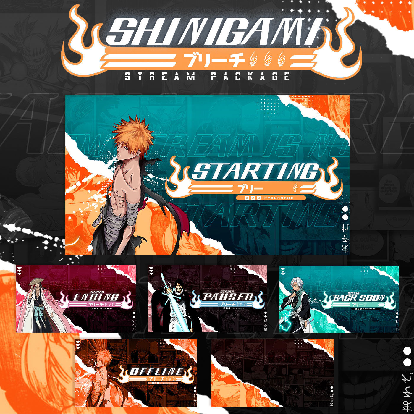 Bleach II Twitch Overlays full Stream Package Orange