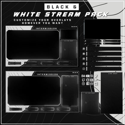 Premium Black and White Twitch overlays full stream package