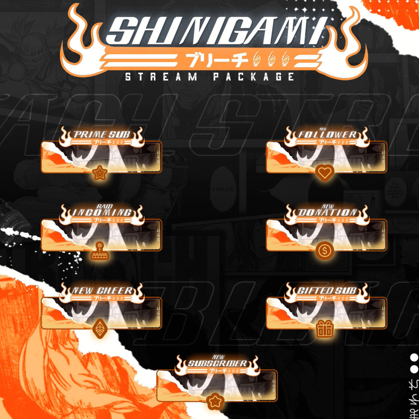 Bleach II Twitch Overlays full Stream Package Orange