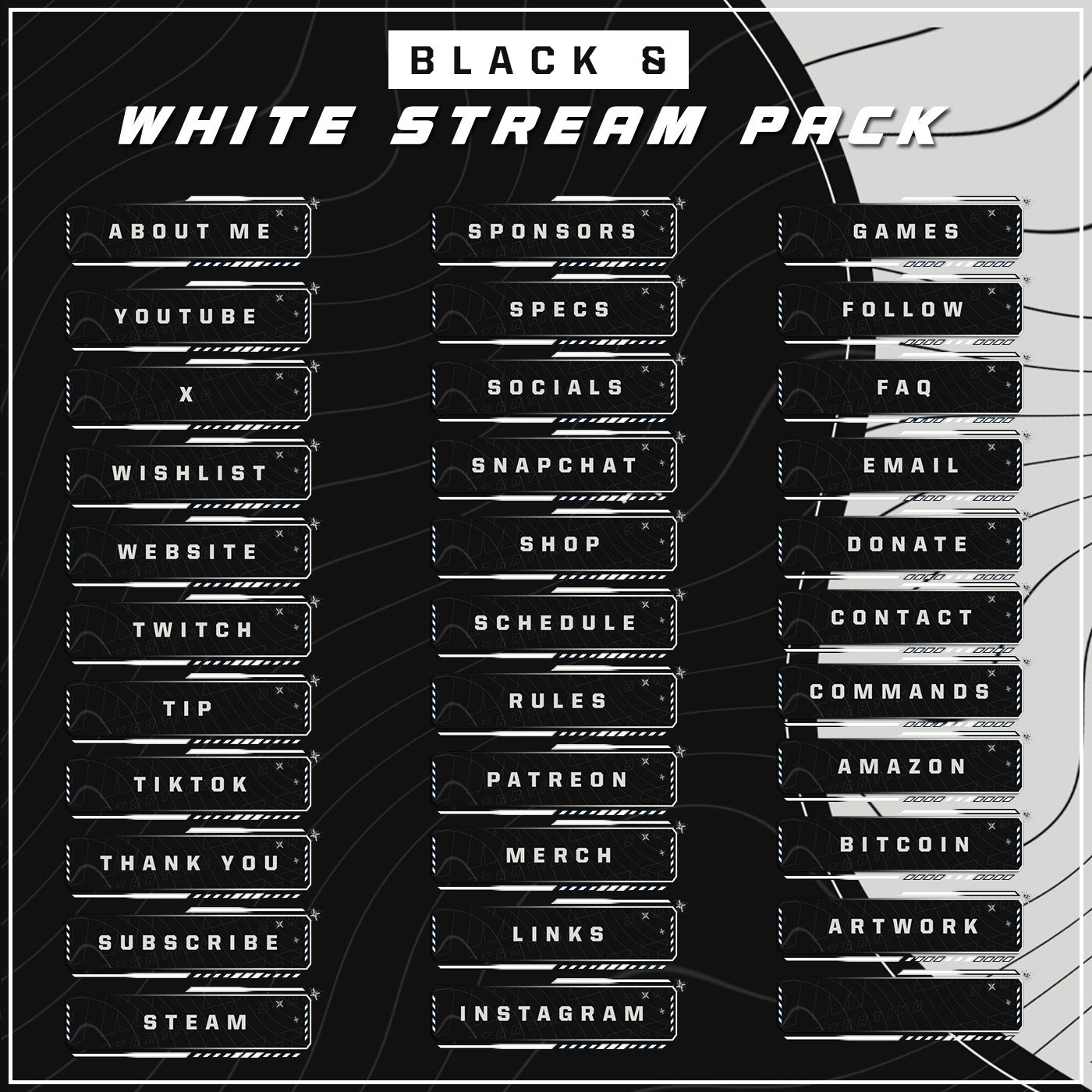 Premium Black and White Twitch overlays full stream package