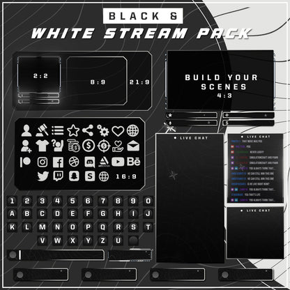Premium Black and White Twitch overlays full stream package